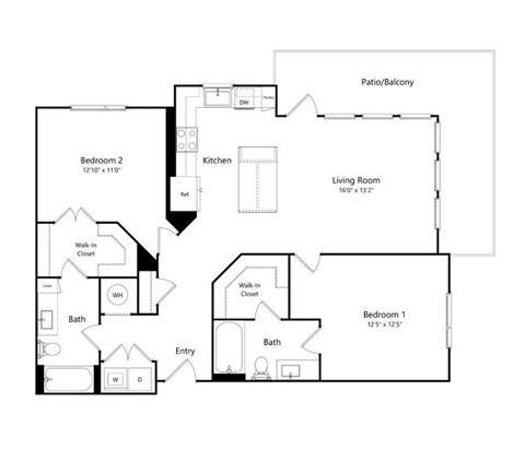 Floor plan for 2 beds, 2 baths, 1163 sqft